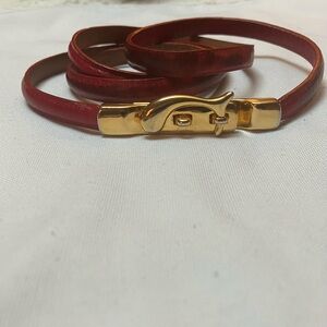 VTG Red Theory Leather Belt Made New York Skinny Brass Tone Buckle Sz.Med Preppy